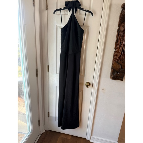 AQUA Halter Wide Leg Satin Tie Back Jumpsuit Black Size 4 - Picture 3 of 6